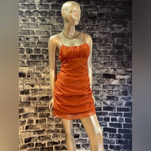 Rust Orange Burnout Velvet Ruched Mini Dress - Picture 10 of 11